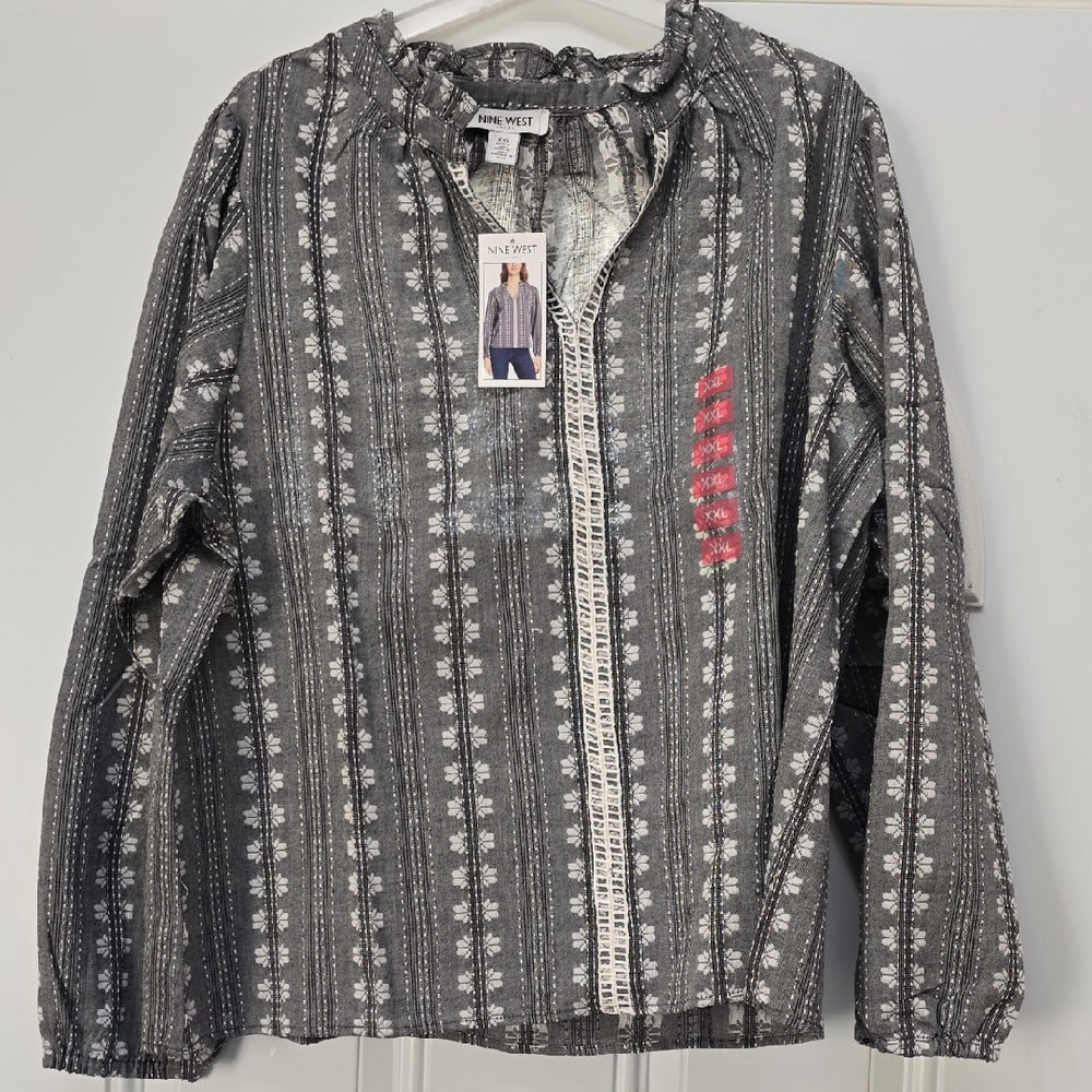 Nine West Gray and White Striped Blouse